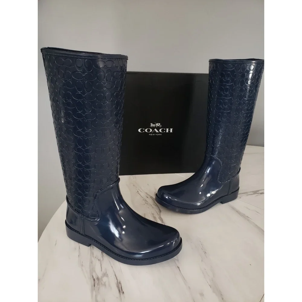 NEW‎ SZ 7 Coach Tudor Rainboots in NAVY BLUE Womens Signature Embossed TALL